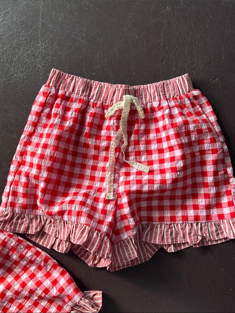 Red Gingham Drawstring Ruffle Shorts